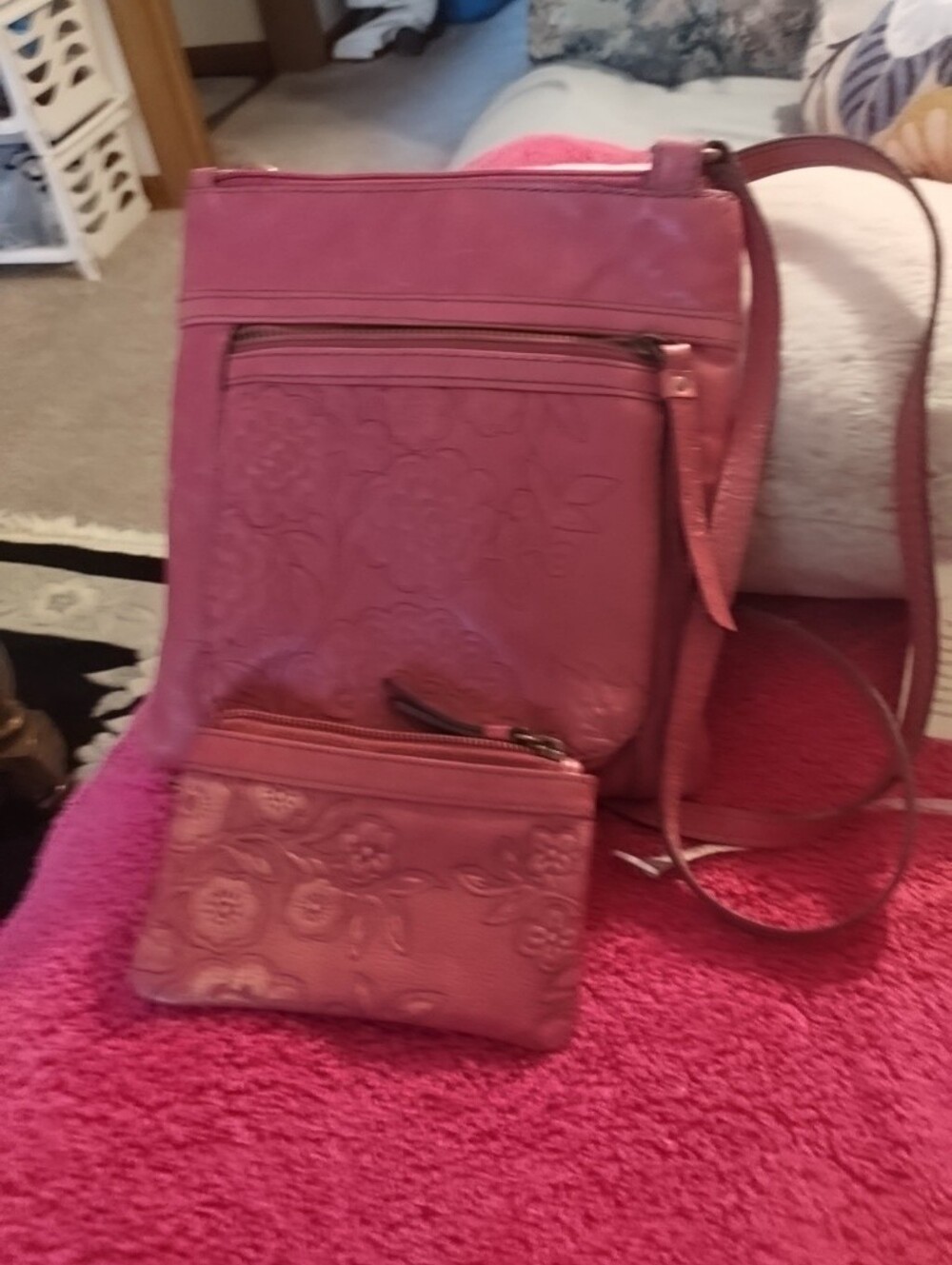 Fossil  PinkMagenta Floral Embossed Tooled Crossbody with Matching ID Wallet